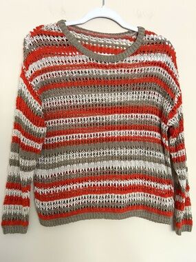 Peacock Women’s Knit Crochet Striped Crewneck Sweater in Orange, Taupe & Cream